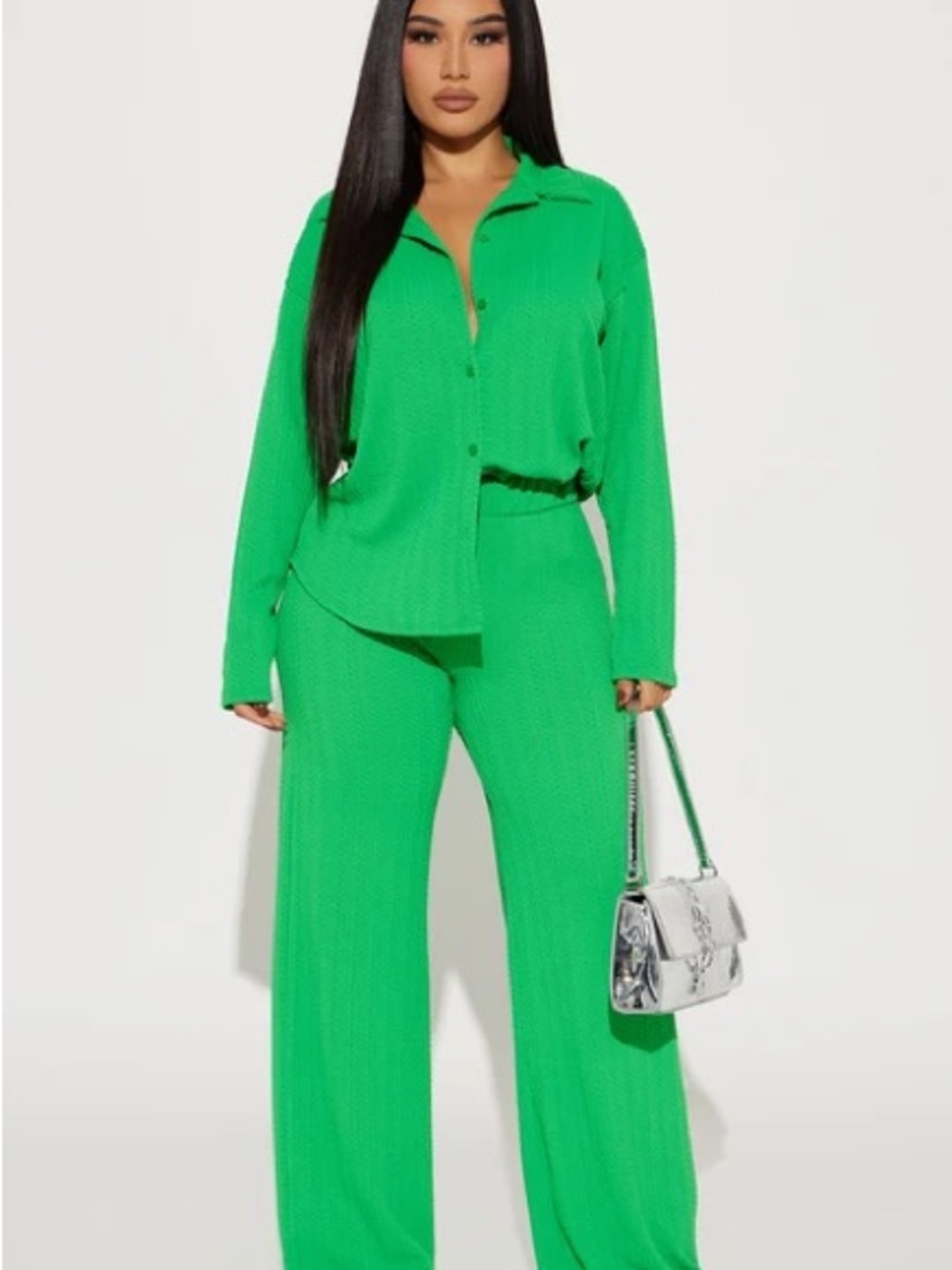 Fashion Nova Bright Green Wide-Leg Button-Down Pant Set